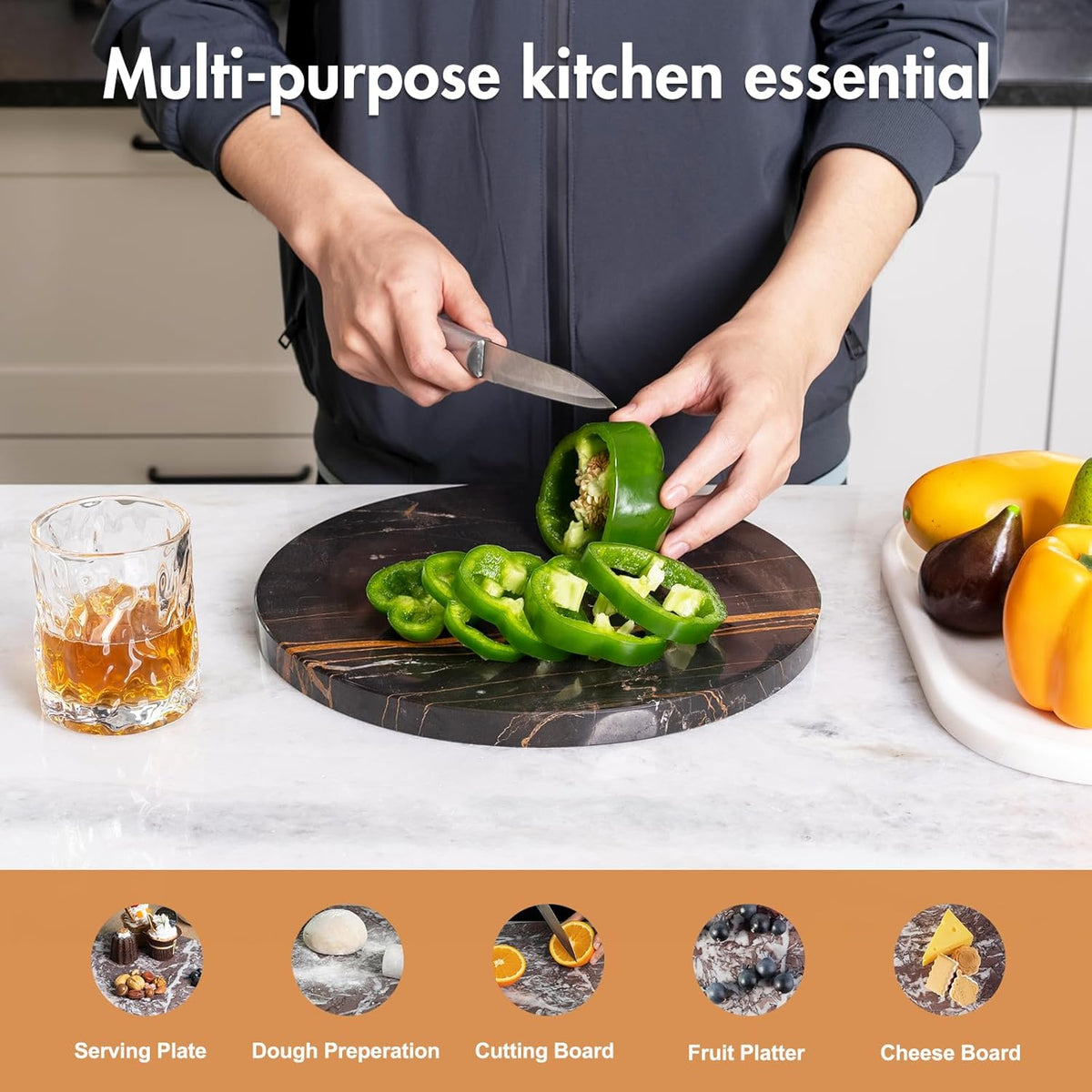 Koville Black Marble Cutting Board Pastry Serving Board, Large Marble Cheese Board for Baking, Charcuterie, Trivet - Non-Stick Heat Resistant Stone Cutting Boards Chopping Boards for Kitchen