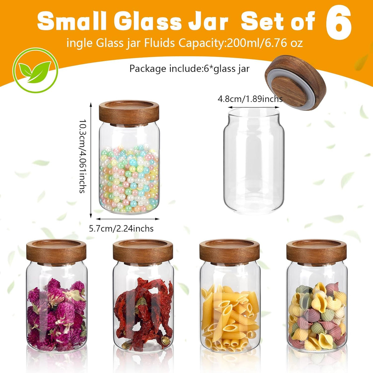 Small Glass Jars with Airtight Lid Spice Jar Round Food Storage Canister Clear Glass Seasoning Containers Jar for Pantry Sugar Tea Coffee Bean Spice Nuts Cookies Bath Salts (6 * 200ml(6.76oz))