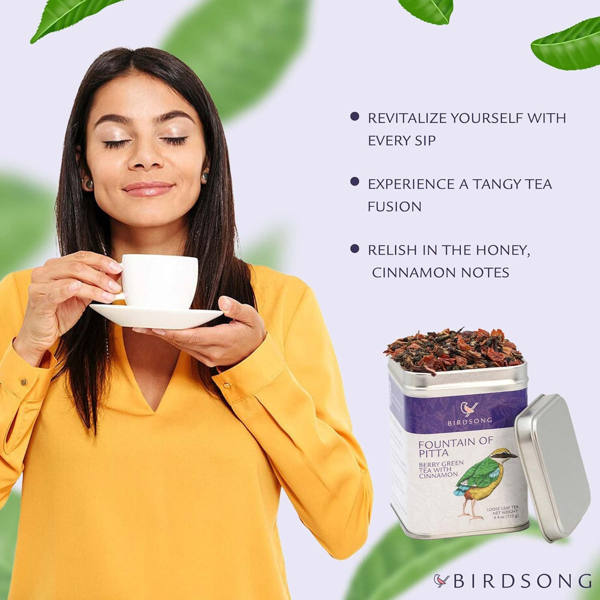 Birdsong Fountain of Pitta: Organic Green Tea Bags with Berries, Rooibos, and Cinnamon | Light, Refreshing and 100% Natural Tea with Health Benefits | 18 Pyramid Tea Sachets