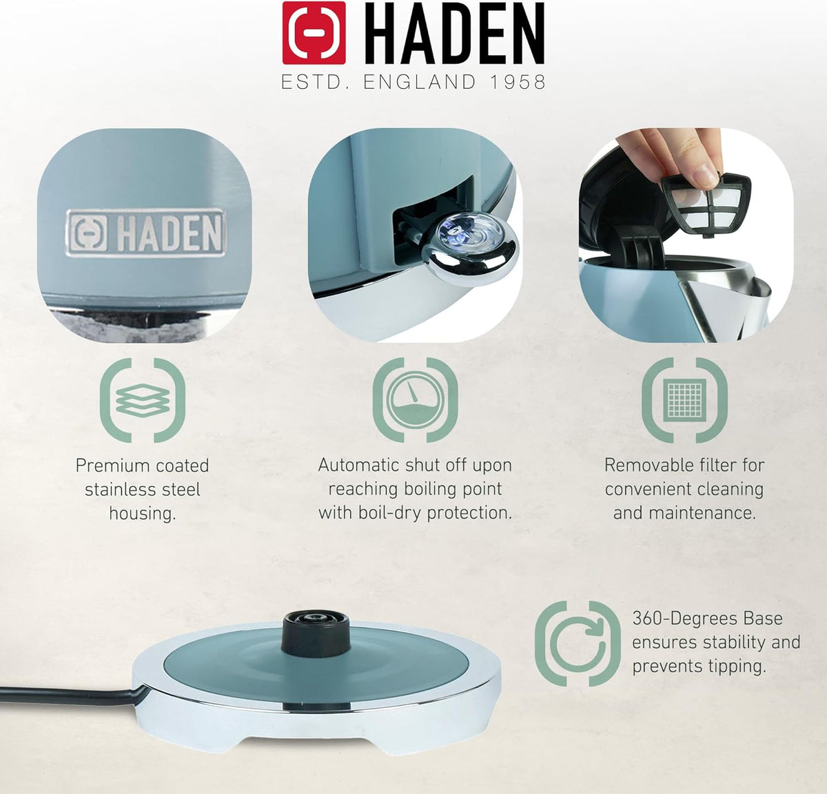 Haden Brighton Electric Kettle, Cordless 1.7 Liter Hot Water Boiler with Chrome Accents, Retro Style, and Auto Shut Off, Sky Blue