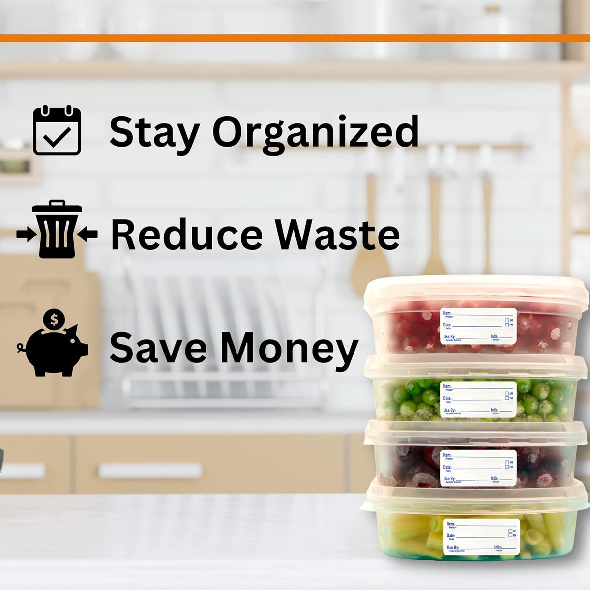 2x1 Dissolvable Labels for Food Containers (500, Blue) - Writeable, Heat-Resistant, Freezer-Safe, Bilingual Restaurant Supplies