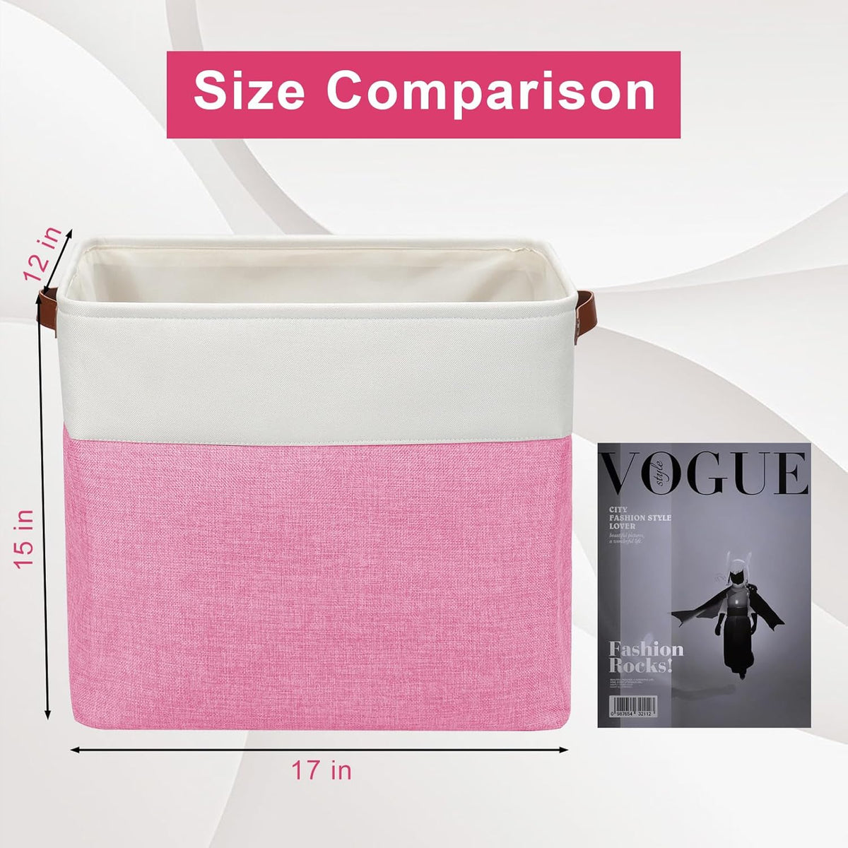 Large Fabric Storage Baskets | 50L Storage Bins, Decorative Linen Closet Baskets with Handles for Organizing, Shelf, Toys, Clothes, Home, Office, Nursery, 17x12x15Inches (Pink&White)