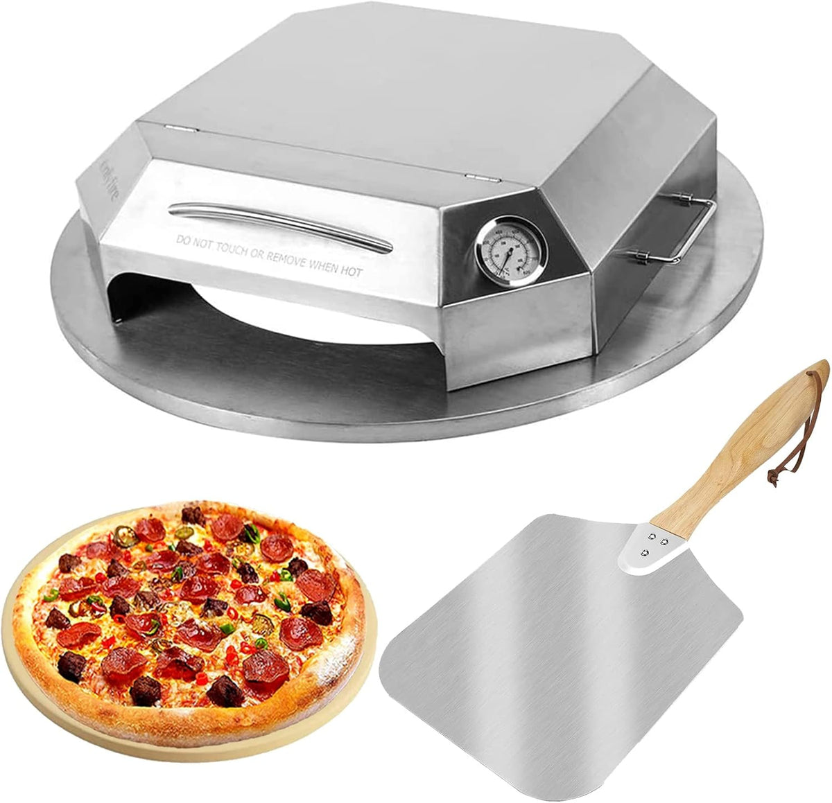 Onlyfire Stainless Steel Pizza Oven Kit for 22 Inch Charcoal Kettle Grilll - Outdoor Grill Top Pizza Oven Kit, Pizza Maker Tool Set Including Pizza Chamber, Pizza Stone, Pizza Peel and Thermometer