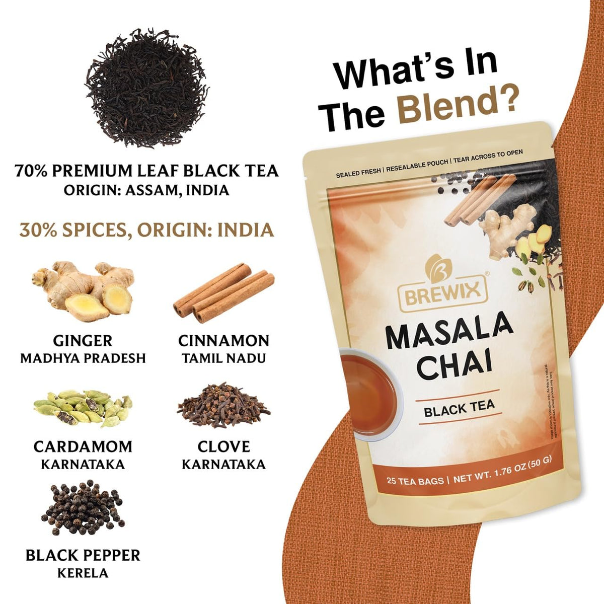 BREWIX, Masala Chai Tea Bags (25 Pyramid Tea Bags) Strong, Robust & Spicy - Pure Ingredients | Black Tea, Cinnamon, Ginger, Black Pepper, Cardamom & Cloves, Packed in Resealable Ziplock Pouch