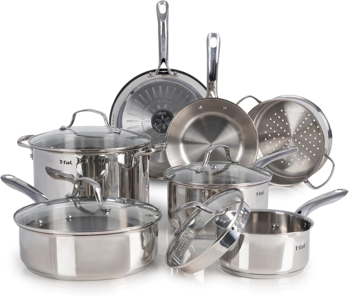 T-fal Stainless Steel Cookware Set 11 Piece, Induction, Oven Broiler Safe 500F, Kitchen Cooking Set w/Fry Pans, Saucepans, Saute Pan, Dutch Oven, Steamer, Pots and Pans, Dishwasher Safe, Silver