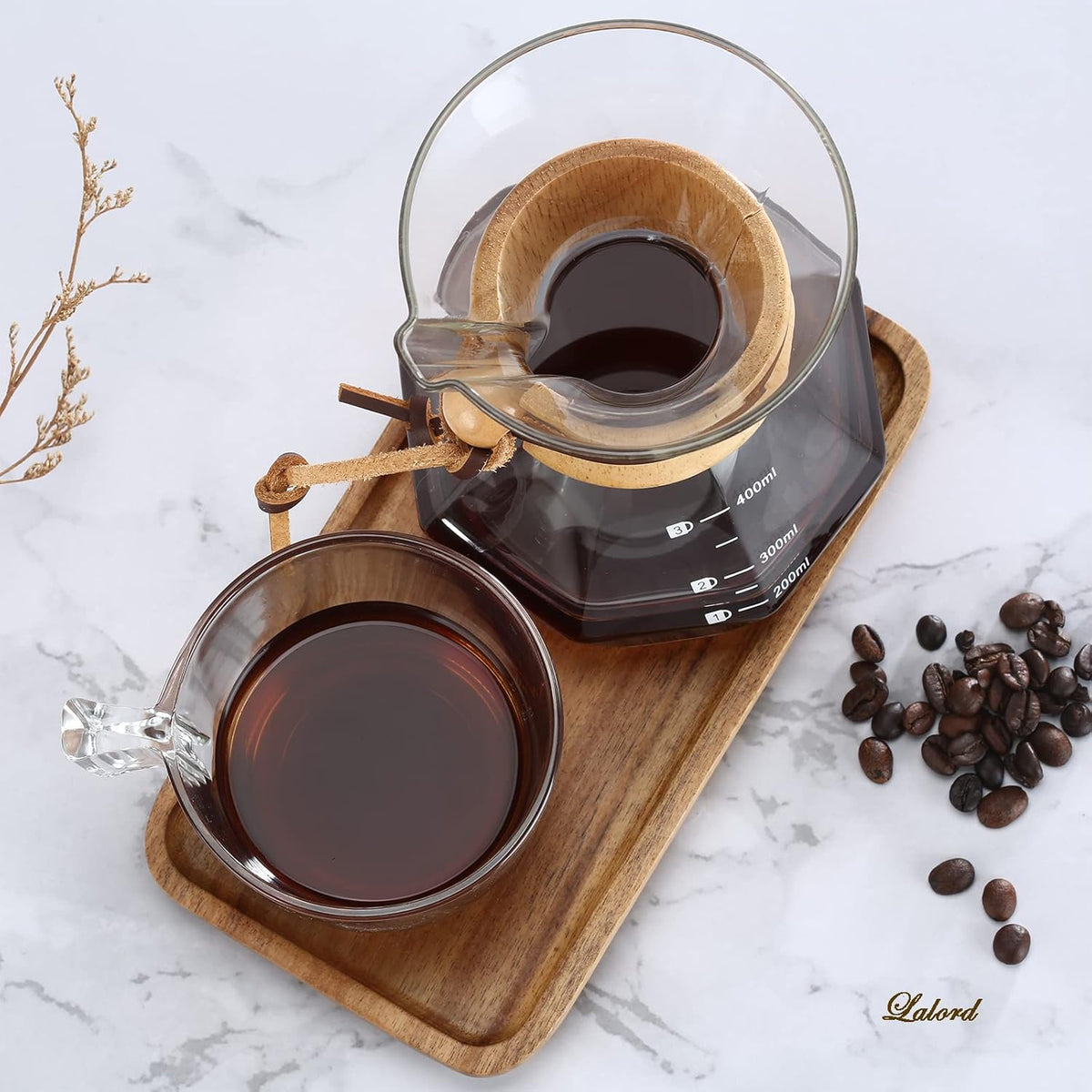 Pour Over Coffee Maker with Stainless Steel Filter, Borosilicate Glass Coffee Carafe, Modern Wooden Collar, Coffee Maker Carafe, Hold 2 Cups, 400 ml/13.5 oz, Clear