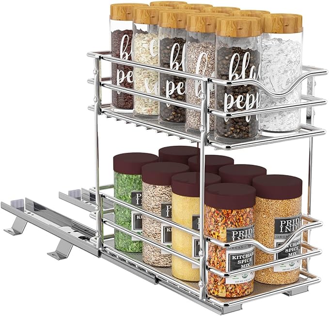 OCG 2 Tier Pull Out Spice Rack Organizer（6.3" W x 10.4" D） for Cabinet, Slide Out Seasoning Organizer Fits Spices, Sauces, Cans etc