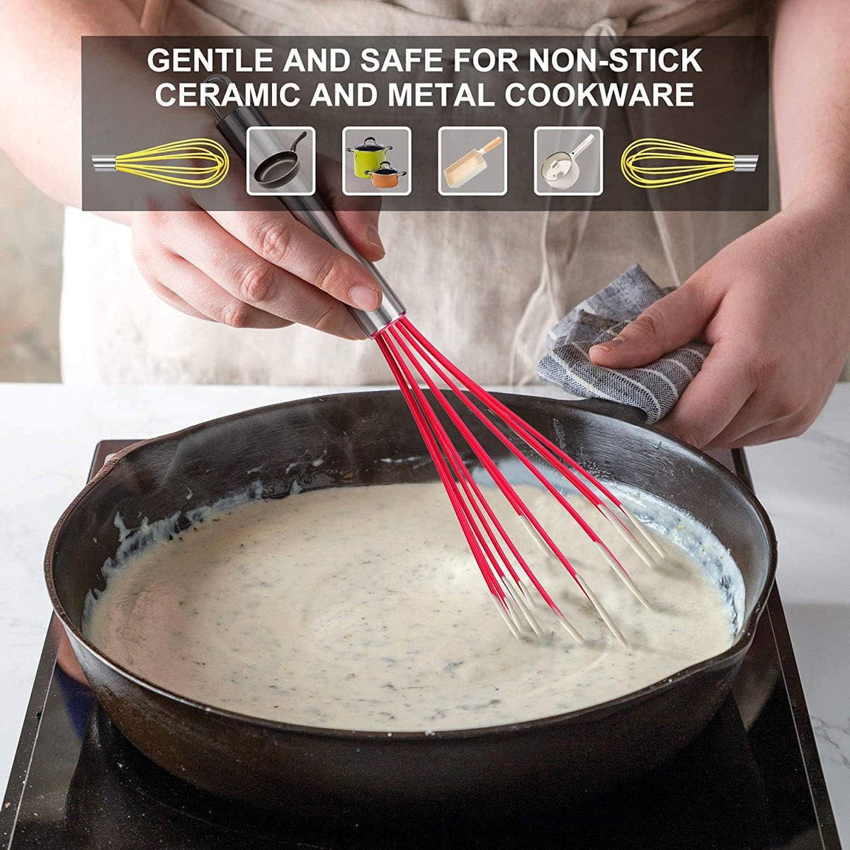 HOTEC 4 Pieces Silicone Whisks Set, Wire Balloon Whisks for cooking Egg Beater, Non-slip Handle Whisk for Non-stick Cookware Perfect for Cooking, Stirring, Beating and Blending (Multicolor)