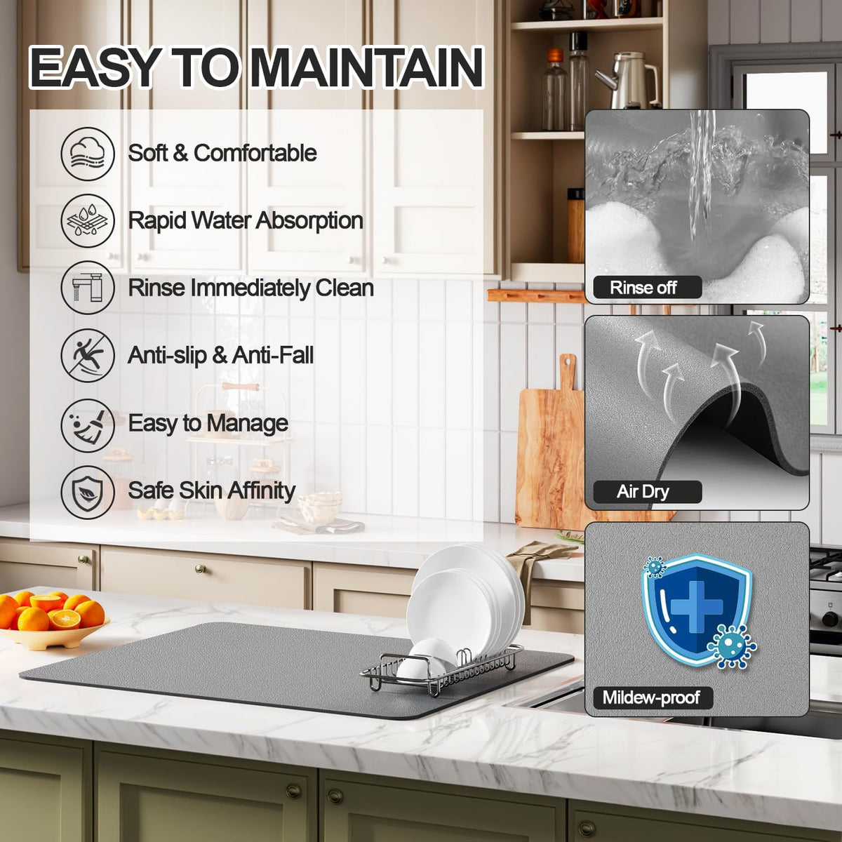 Dish Drying Mat for Kitchen Counter | Coffee Bar Mat for Countertops | Heat Resistant Drainer Mat with Non-slip Rubber Backed | Hide Stain Kitchen Absorbent Draining Mat | Grey 16"x20"