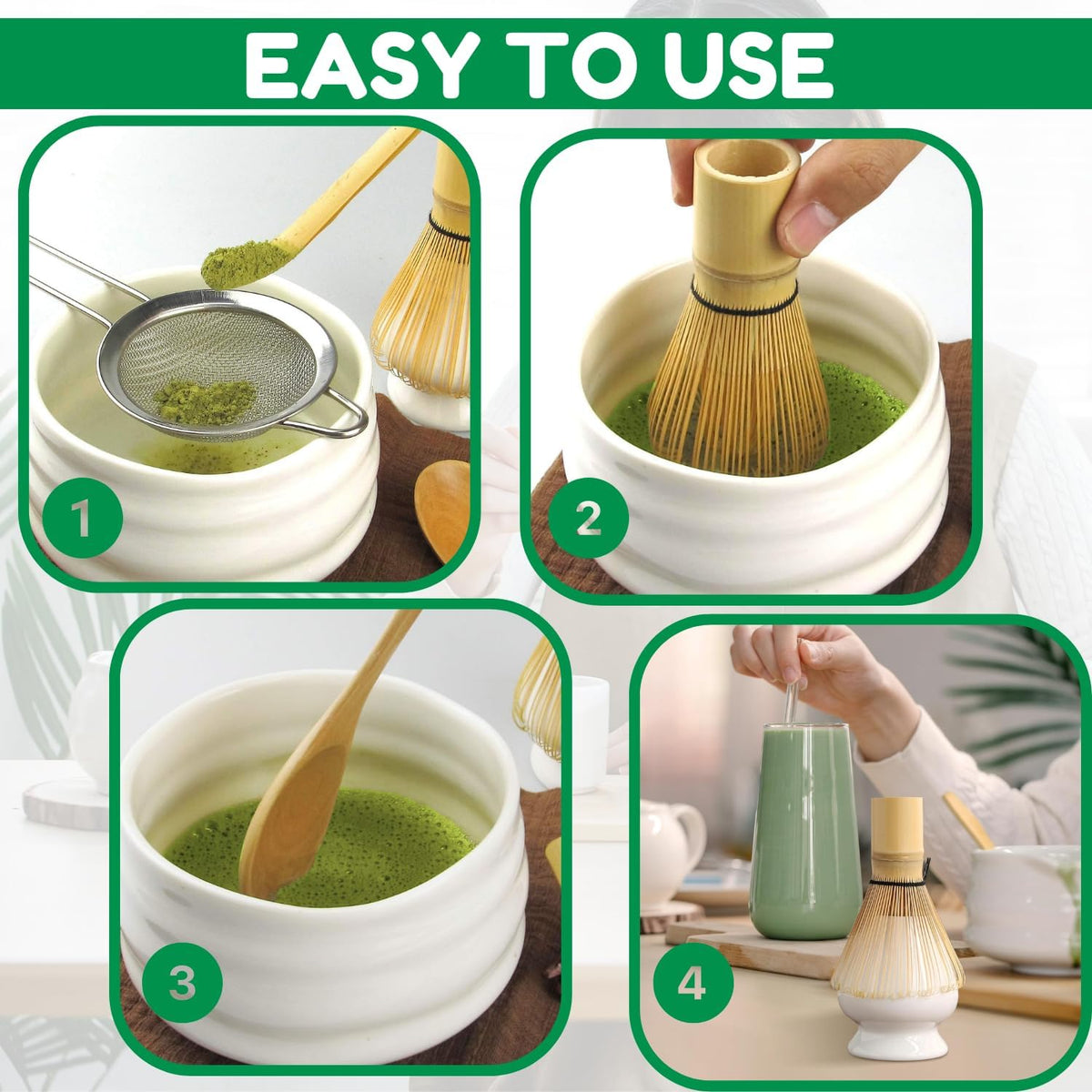 Matcha Whisk Set with Matcha Bowl, Matcha Bamboo Whisk, Scoop, Sifter, Matcha Whisk Holder Unique Gifts for Women Men Girl Friend Home Kitchen Decor Gifts for Christmas, Birthday, matcha kit