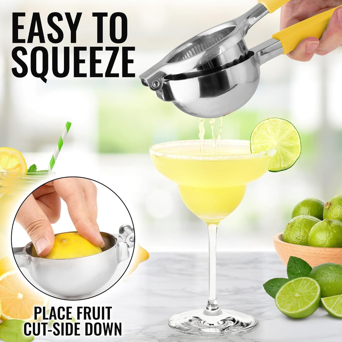Zulay Lemon Squeezer Stainless Steel with Premium Heavy Duty Solid Metal Squeezer Bowl and Food Grade Silicone Handles - Large Manual Citrus Press Juicer and Lime Squeezer Stainless Steel (Yellow)