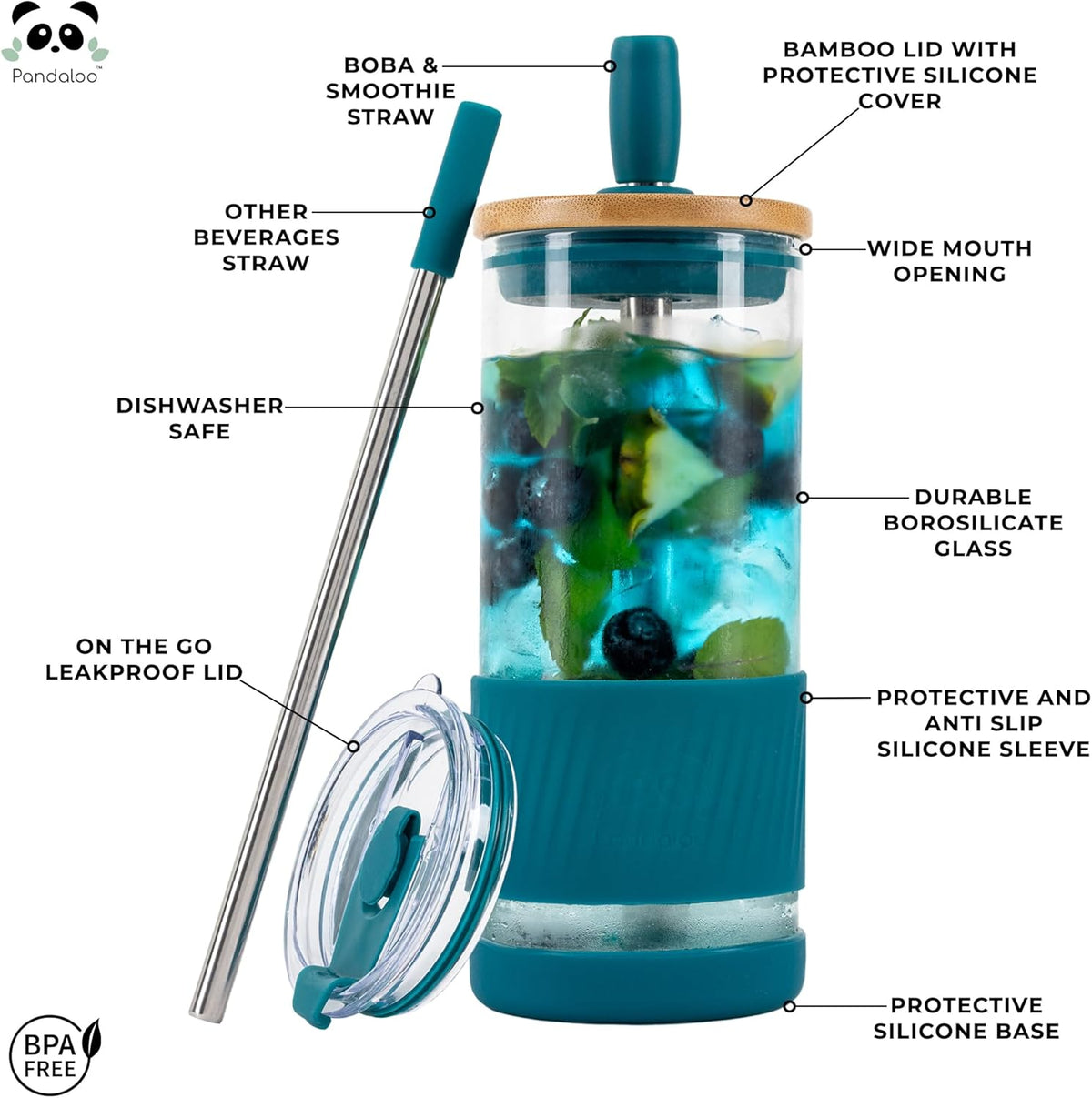 Pandaloo® Glass Cups With Lids and Straws -20 Fl Oz- Perfect Size Iced Coffee Cup - Smoothie Cup With Bamboo Lid and On the go Lid - Glass Tumbler (2 Count (Pack of 1), Boysenberry-Intense Teal)