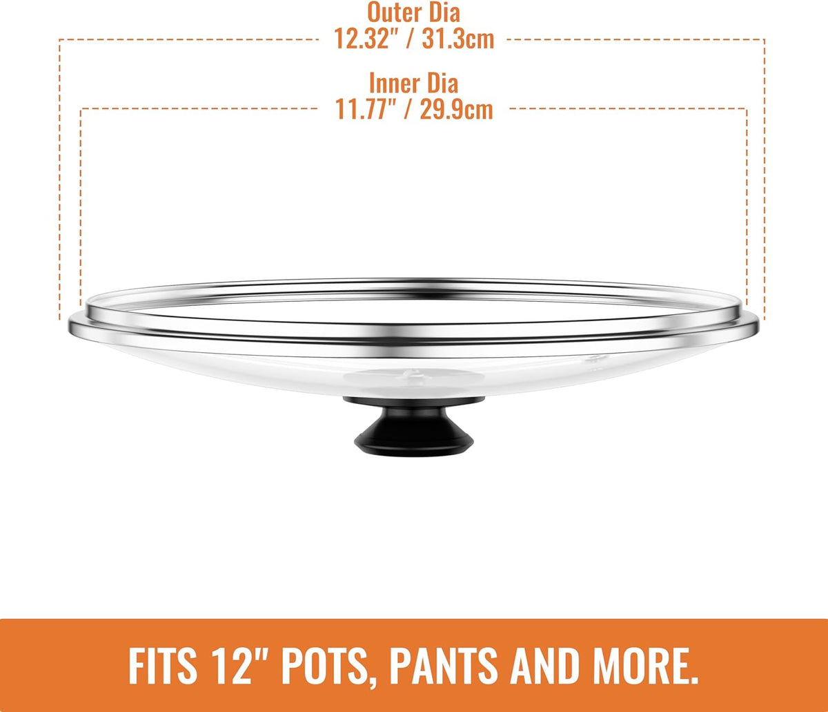 12 Inch Pan Lid For Pots Pans and Skillets, Cast Iron Skillet Lid, Large Tempered Glass Pan Lids, Replacement Pan Cover for Frying, Crock Pot Lid with Stainless Steel Rim, Cookware Pot Covers