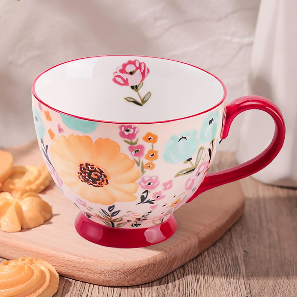 Vintage Flower Mugs – Large Ceramic Coffee Mug (15oz) – Cute Cereal Cup for Breakfast, Oatmeal Tea & Hot Drinks – Handmade Ceramic Cup with Floral Design