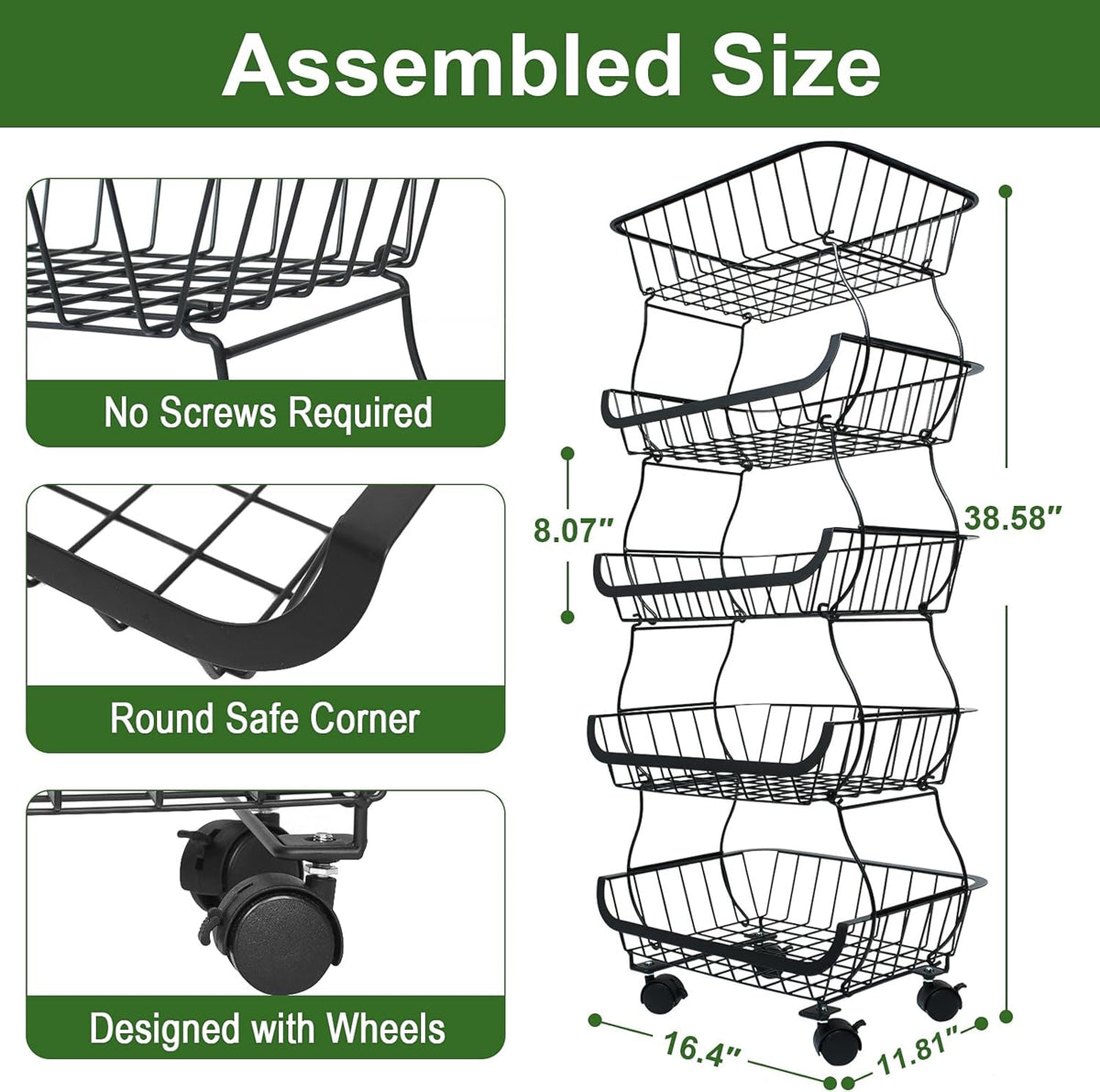 Fruit Vegetable Storage Basket, Kitchen Fruit Vegetable Storage Cart, 5 Tier Stackable Metal Wire Storage Baskets with Wheels, Produce Basket Organizer Bins for Pantry, Bathroom, Black
