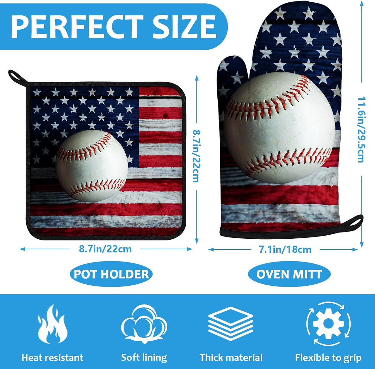 American Flag Baseball Oven Mitts and Pot Holders Sets Heat Resistant 4Pcs Potholders Oven Gloves Hot Pads for Kitchen Baking Cooking Grilling BBQ