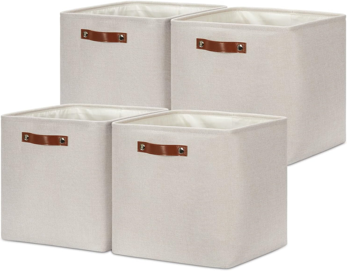 DULLEMELO Storage Bins, 4 Pack Of 13x13x13 Decorative Storage Cube Bins Suit Office, Home, Shelves And Closet, Cube Storage Bin with Leather handle(4 Pack - 13" Beige)