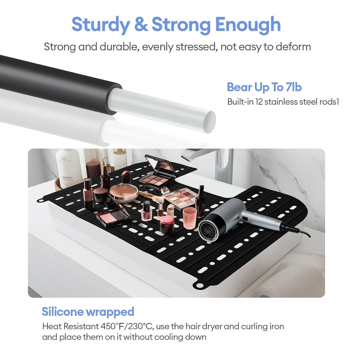 IeBilif Sink Cover for Counter Space, Foldable Bathroom Sink Covers, Makeup Organizer Mat Space Saver with Hanging Loop, Silicone Makeup Brush Cleaner Mat for Bathroom(Black)