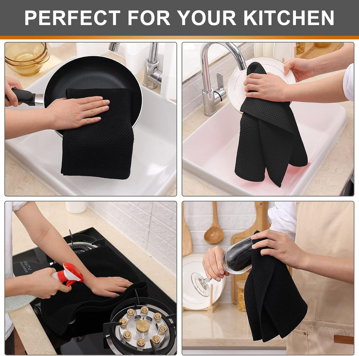 Kitinjoy 100% Cotton Waffle Weave Kitchen Towels, 4-Pack Super Soft and Absorbent Dish Towels for Drying Dishes, Kitchen Hand Towels, 13 in x 28 in, Black