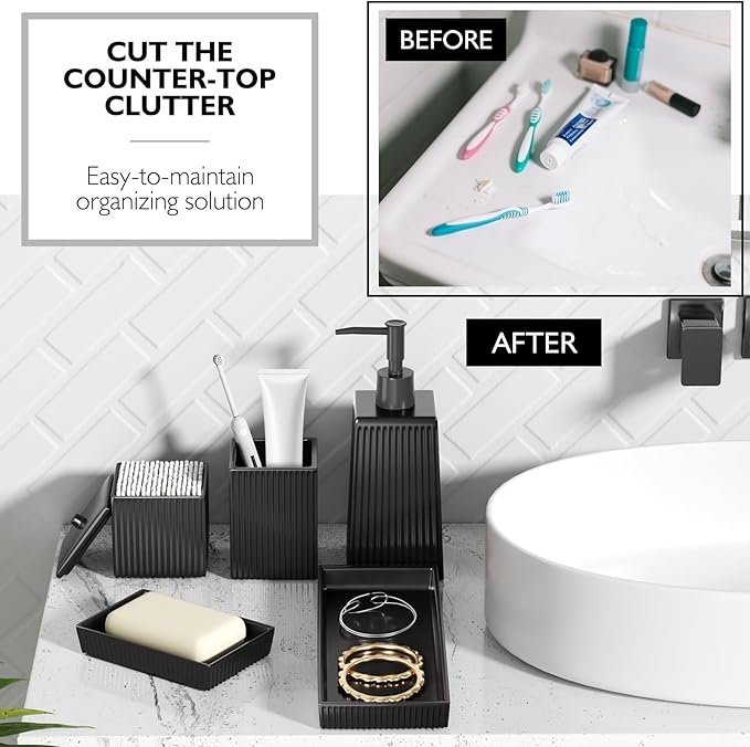 Bathroom Set - Black Bathroom Accessories Set, 5PCS Ceramic Bathroom Accessory Set, Bathroom Sets with Soap Dispenser, Toothbrush Tumbler, Soap Dish, Q-tip Holder & Vanity Tray