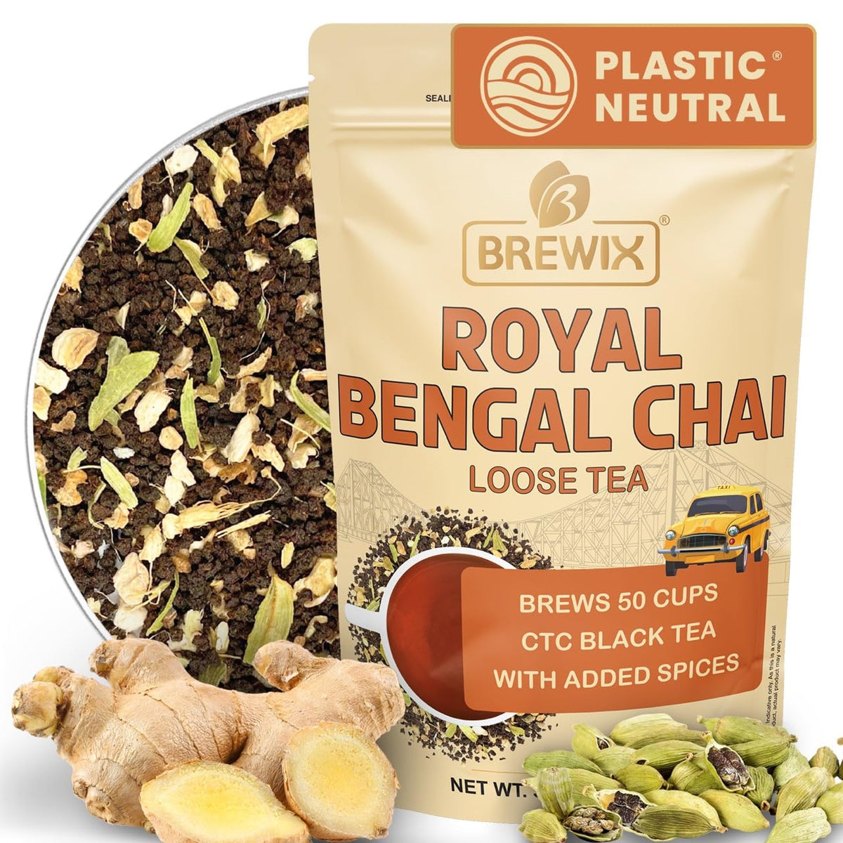 BREWIX, Royal Bengal Masala Chai Tea with Ginger and Cardamom | Loose Leaf CTC TEA (50+ Cups, 3.53oz/100g) Strong Robust & Aromatic, All Natural | Blended with Exotic Spices