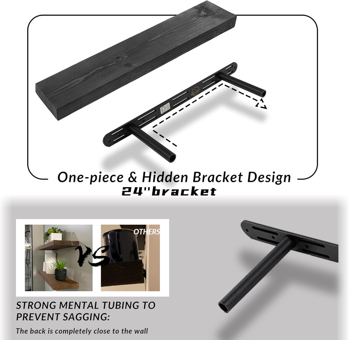 Rustic Floating Shelves 24 inch Long 8 inch deep Set of 2, Solid Wood Wall Shelves for Bedroom Living Room Kitchen,Book Shelf for Wall, Wall Mounted Shelves with Hidden Bracket- Black