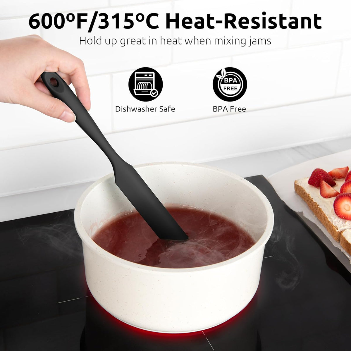 U-Taste Skinny Silicone Jar Spatula: 600ºF Heat-Resistant Food-Grade 10in Long Narrow Sourdough Stirring Stick, Seamless Flexible Peanut Butter Spreader for Scraping Icing Bread Cream, Jam (Black)
