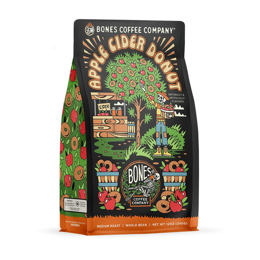 Bones Coffee Company Apple Cider Donut Flavored Coffee, Medium Roast Low Acid Arabica Beans Compatible with Auto drip and French Press Coffee Maker, 12 Oz Ground
