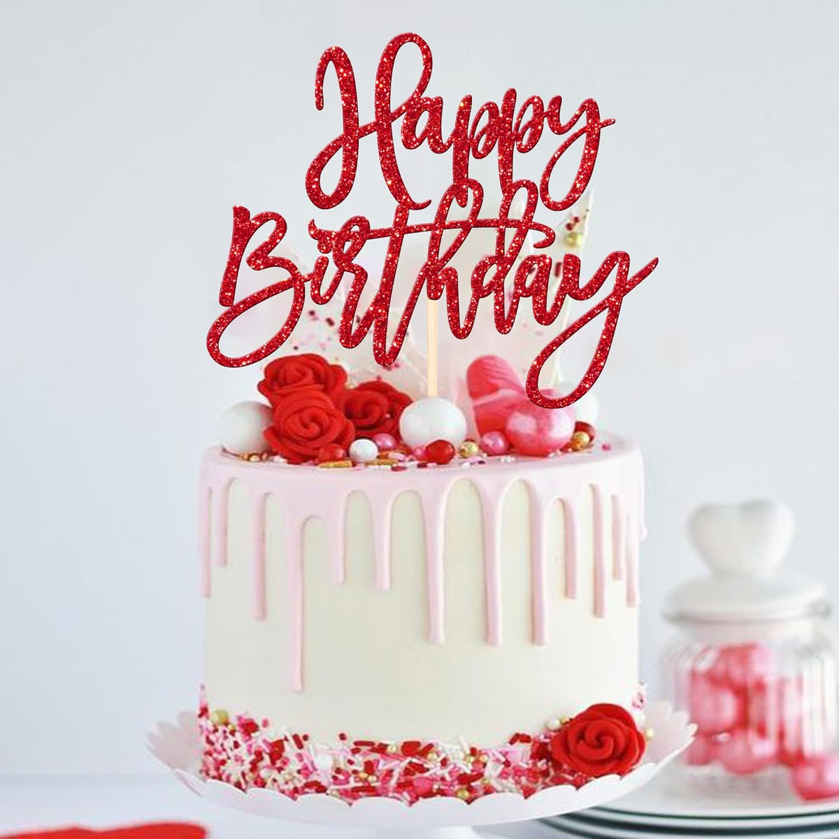 ZHUOWEISM 1 PCS Red Glitter Happy Birthday Cake Topper for Celebrating Birthday, Anniversary Parties