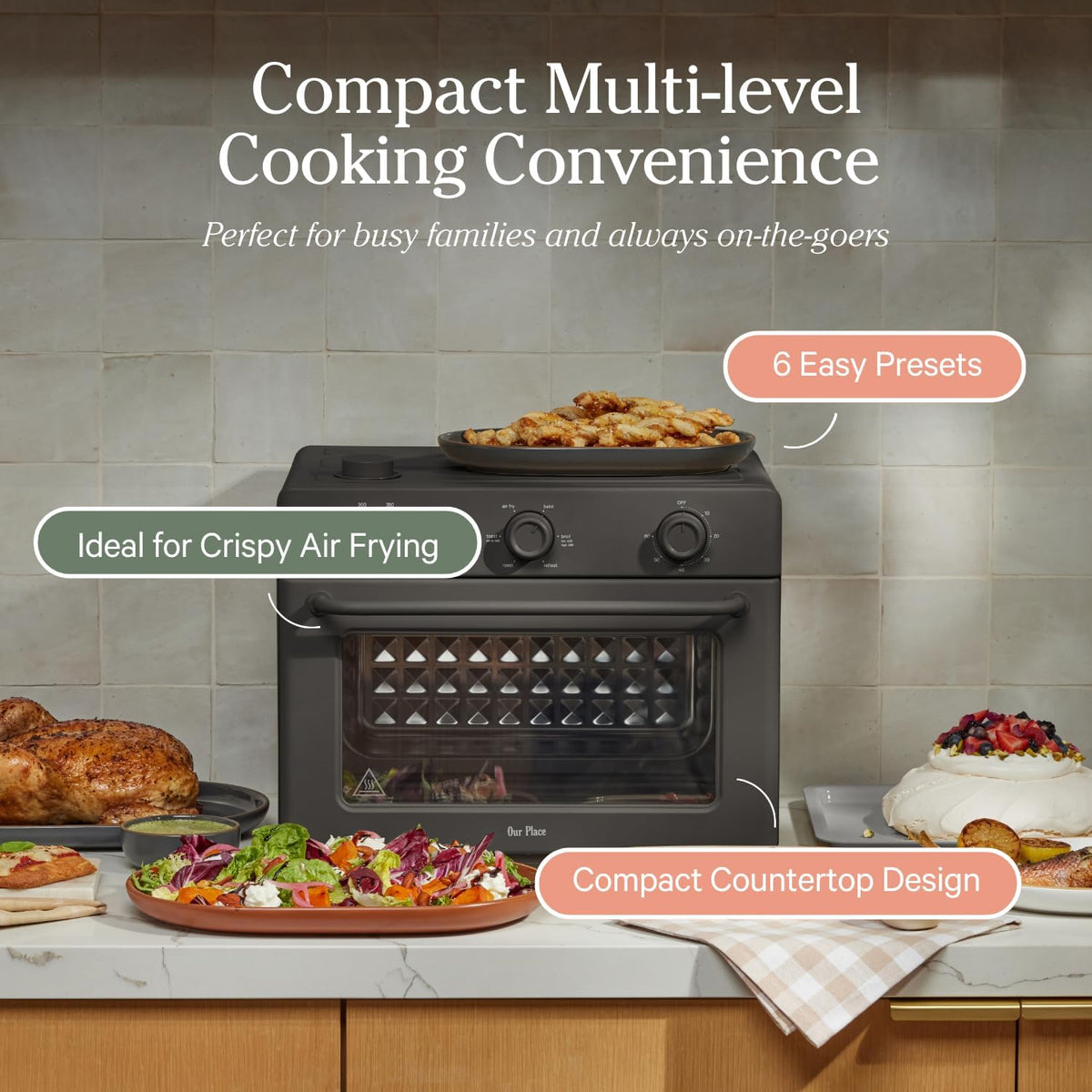 Our Place Large Wonder Oven | 6-In-1 Toxin-Free Air Fryer & Toaster with Steam Infusion | Family-Sized 32QT, 1700W Countertop Design | Includes Bake Tray, Fryer Basket, Large Racks | Char