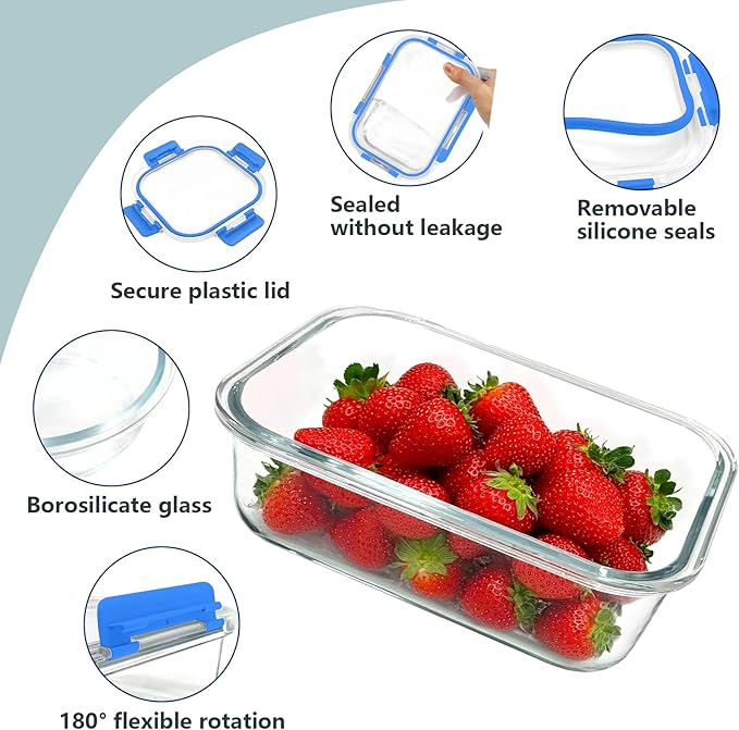12 Pack Glass Food Storage Container Set with Lids Airtight, Stackable Meal Prep & Leftover Containers, Lunch Box for Microwave, Oven, Freezer and Dishwasher (Blue)
