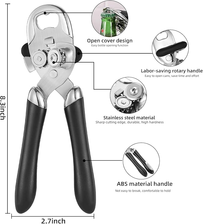 Multi-function Manual Can Opener Bottle Opener, Oversized Hand-held Easy Rotary Knob, Safe Cut Can Opener with Non-Slip Handle, Smoother Cut Sharp Blade for Seniors Kitchen Tool, Black