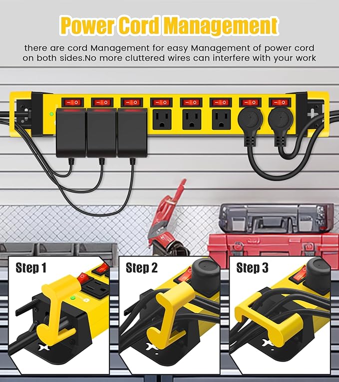 Heavy Duty Power Strip with Individual Switches,8 Outlets 14 Gauge Industrial Shop Garage Metal Multiple Outlets,1200J Surge Protector Mountable Power Strip,15FT Extension Cord Management (Yellow)