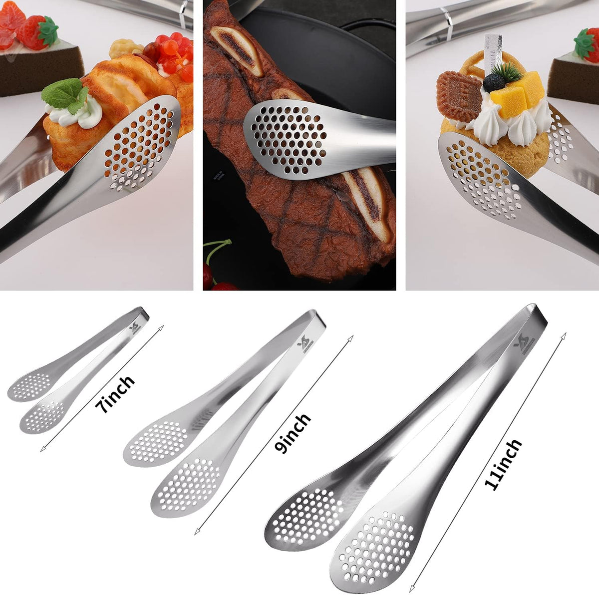 MSY BIGSUNNY Chef Kitchen Tongs Stainless Steel Food Serving Tongs Set Buffet tongs (silver 7" 9" & 11", 3 pack)