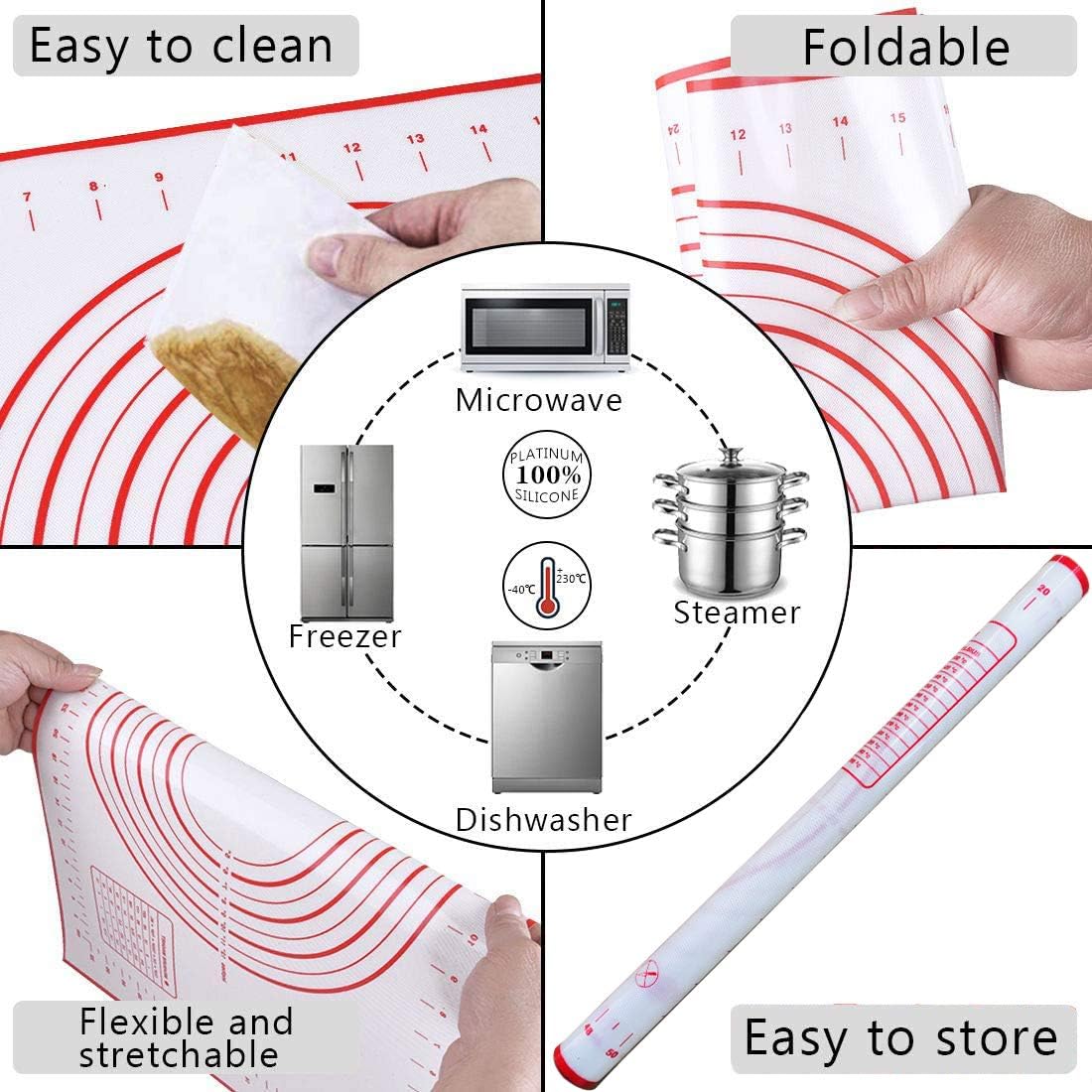 Rolling Pin and Silicone Baking Pastry Mat Set, Stainless Steel Dough Roller, Rolling Pins with Adjustable Thickness Rings, for Baking Fondant, Pizza, Pie, Pastries, Pasta, Cookies