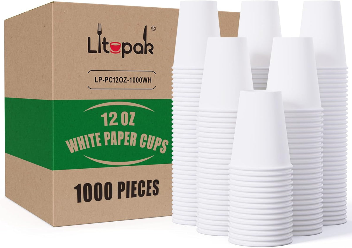 LITOPAK 1000 pack Paper Cup 12 oz, Bulk White Paper Cups, Disposable Hot Paper Coffee Cups for Offices, Schools, Shops, Restaurants