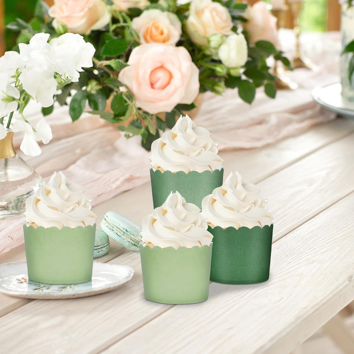 Whaline 120Pcs Sage Green Paper Baking Cups Scalloped Edge Cupcake Wrappers Gradient Green Cupcake Muffin Cases for Wedding Birthday Baby Shower, 3 Colors