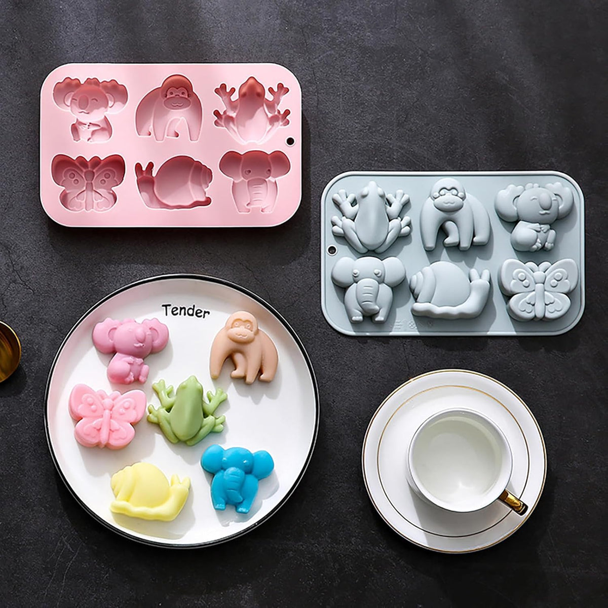 Animal Chocolate Mold Set - Food-Grade Silicone Baking Molds with Frog, Elephant, Monkey, Snail & Butterfly, Reusable for Kids Birthday Cakes, Jungle Party Treats & DIY Crafts - 2 Pack