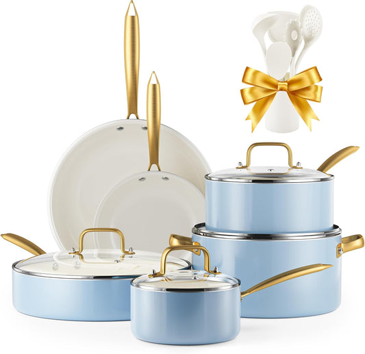 Ceramic Cookware Set, VONIKI 16 Pcs Pots and Pans Set Non Stick, Kitchen Cookware Sets with Cooking Utensils Set, Non Toxic Cookware Set White Gold Pan Set for Cooking Pot Oven & Dishwasher Safe, Gift