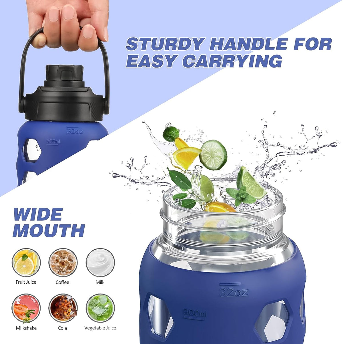 MUKOKO Glass Water Bottles, 32oz Glass Tumbler with Straw, Drinking Bottles with 2 Lids-Handle Spout Lid&Bamboo Straw Lid, Motivational Water Bottle with Time Marker and Silicone Sleeve, 1 Pack-Blue