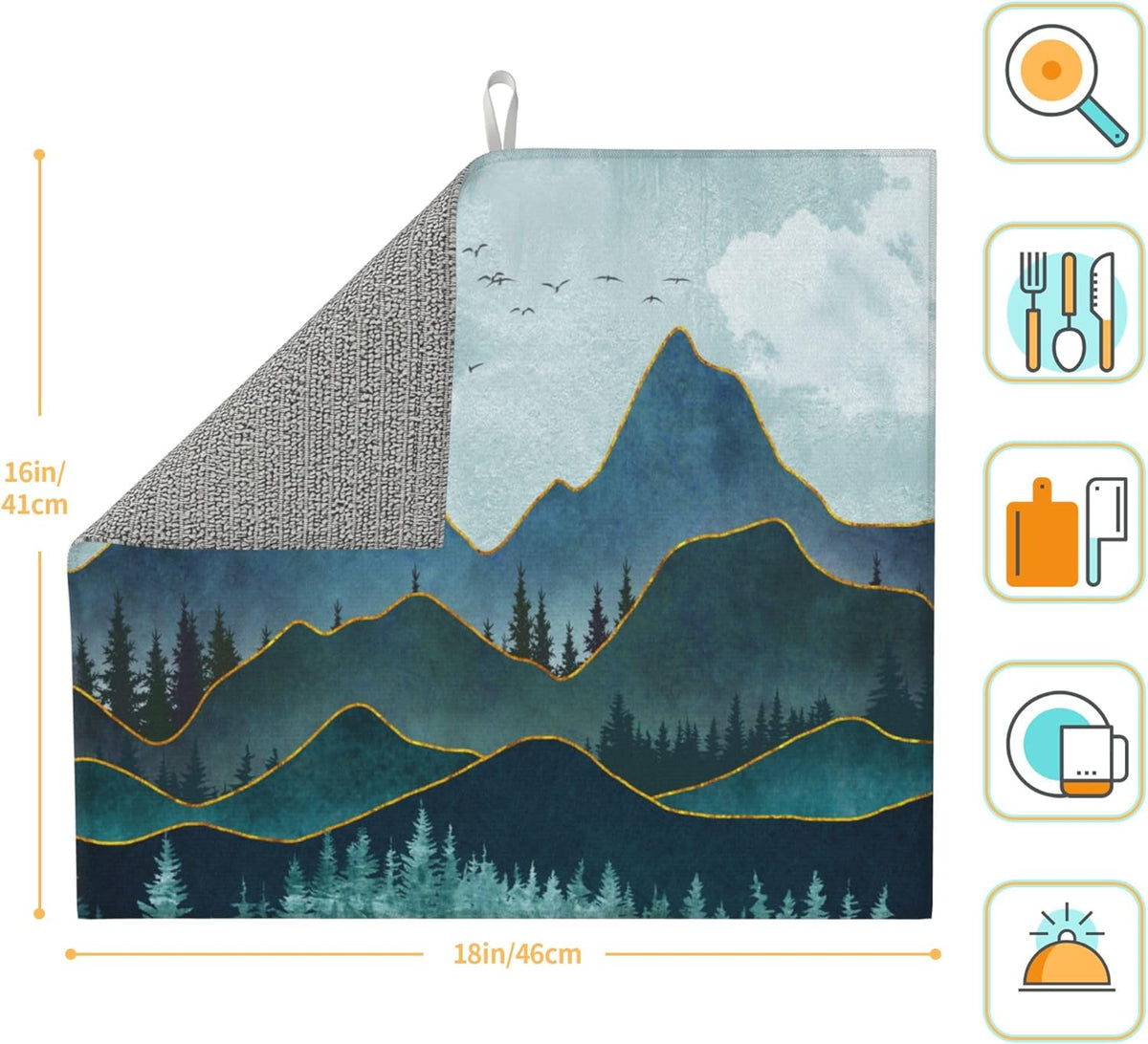 Mountain Peaks Nature Landscape Kitchen Drying Mat Modern Decorative Microfiber Dish Drainer Mat for Kitchen Counter Absorbent Reusable Washable 16x18 Inch