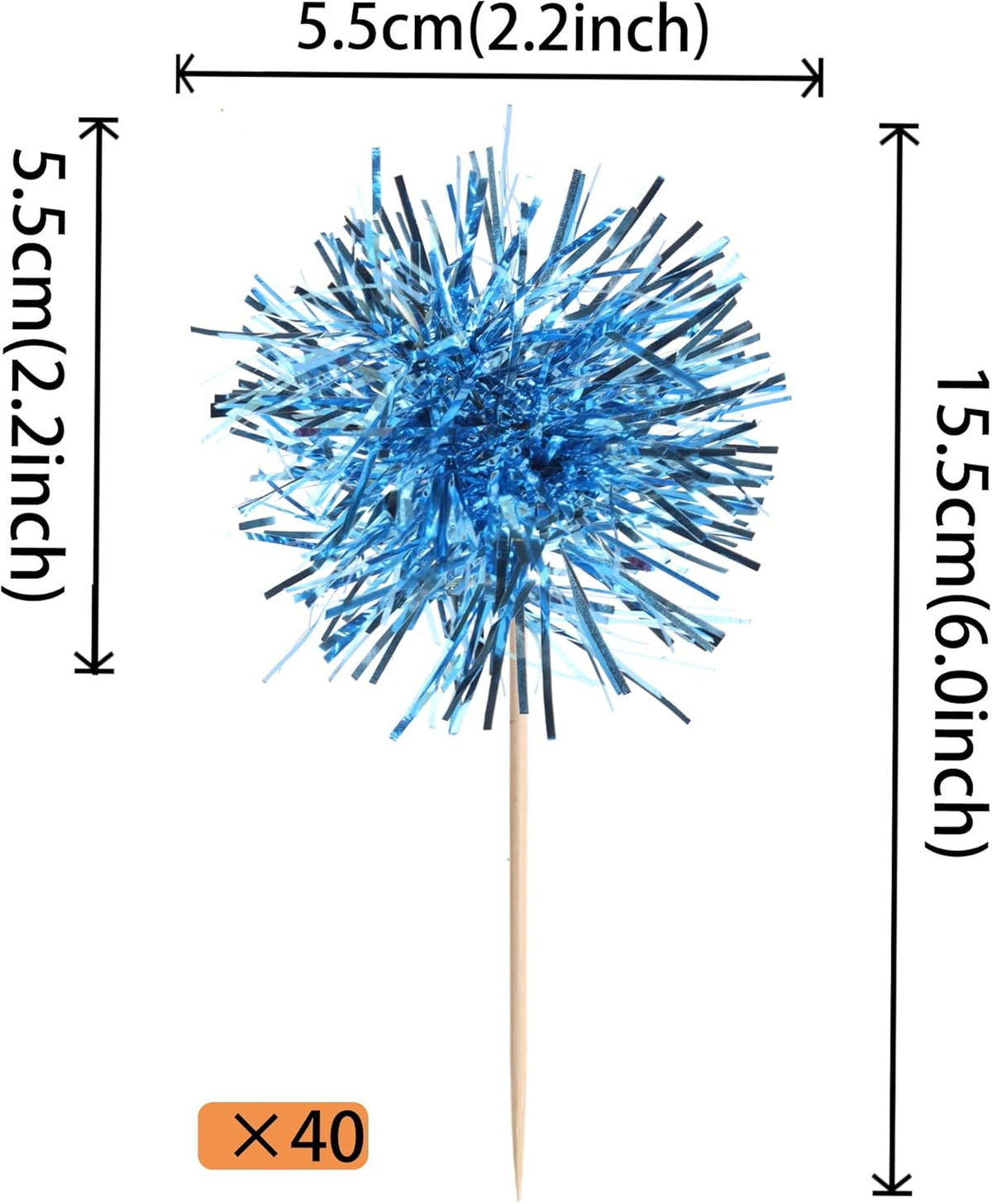 40 PCS Foil Firework Cupcake Toppers Light Blue Sparkler Cupcake Picks Sparkle Tinsel Fireworks Decorations Cocktail Fruit Toothpick for Firework Theme Birthday Wedding Graduation Party Decor Supplies