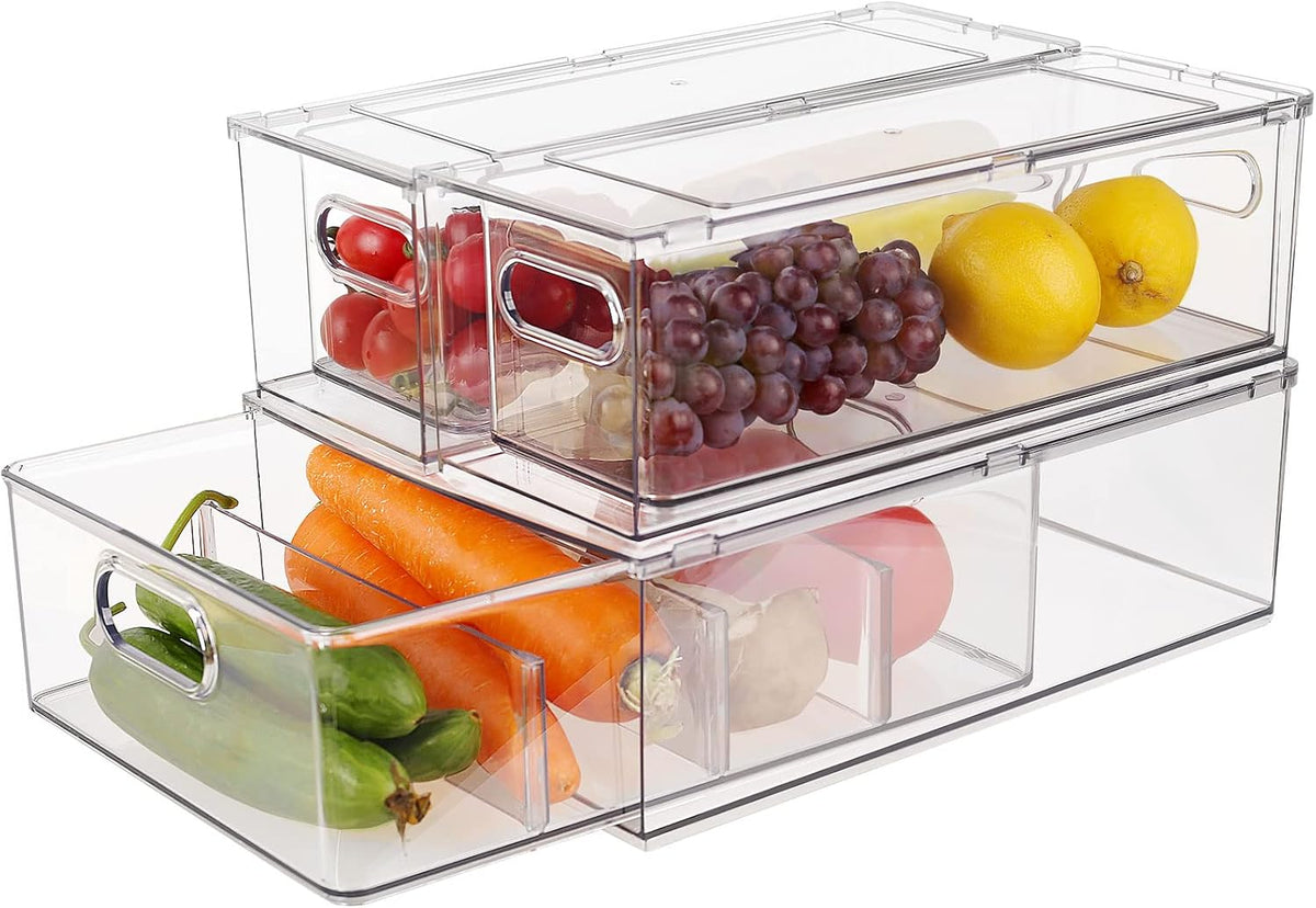 Taiuloo 3 Pack Stackable Refrigerator Organizer Bins with Pull-Out Drawer, Clear BPA-Free Food Storage Containers for Fridge Freezer, Kitchen Pantry Cabinet & Bathroom Vanity Organization