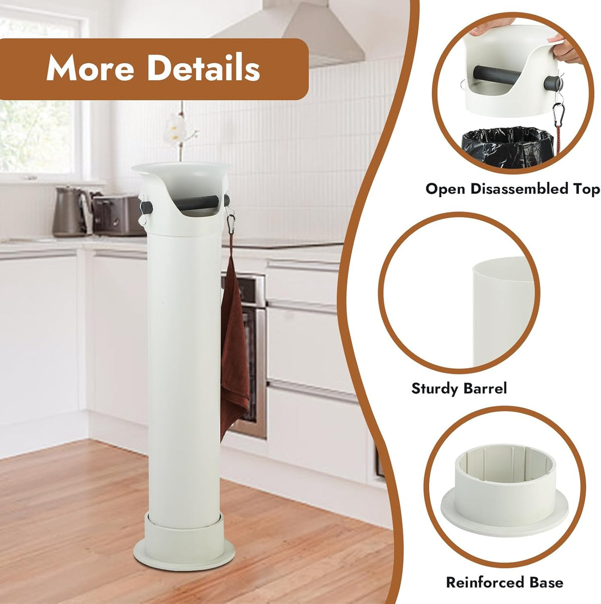 CURTA Espresso Coffee Knock Box with Garbage Bags(30Pcs), Commercial Knock Box for Coffee Grounds, Coffee Shop Kitchen Bar, White, Extra Large Collection Dump Bin
