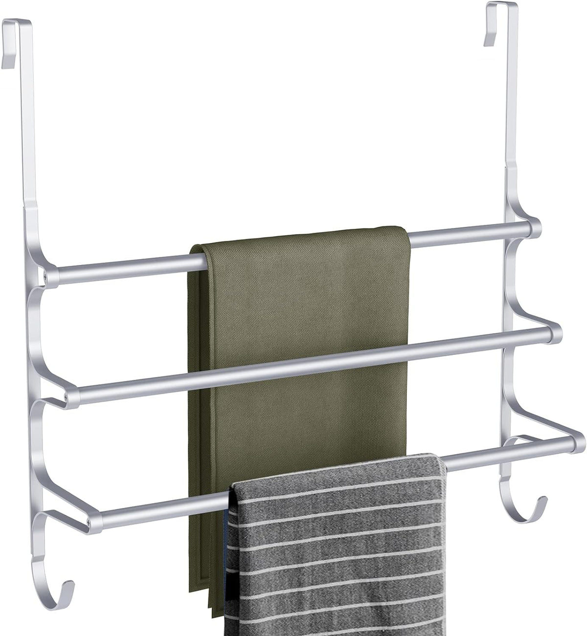 Over The Door Towel Rack, Triple Towel Storage Holder with Hooks, 24.02 Inches Towel Bar Hanger Towel Racks for Bathroom (Silver)