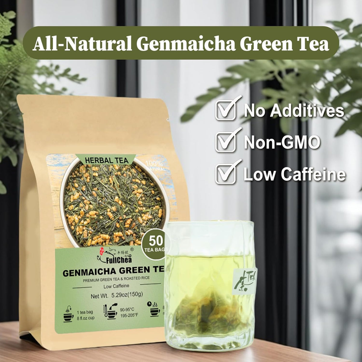 FullChea - Genmaicha Tea bags, 50 Teabags - Genmaicha Green Tea with Roasted Rice, Nutty & Refreshing - Low Caffeine - Soothing & Digestive, Perfect for Daily Relaxation