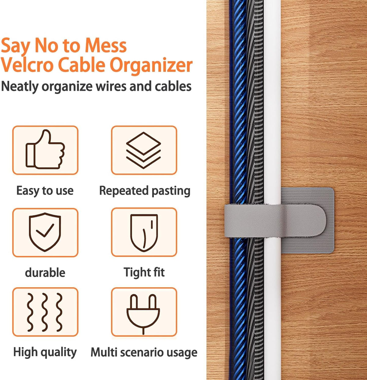 Hook and Loop Cable Straps, Cable Management Under Desk, Adjustable Cord Organizers for Desk, Self Adhesive Cable Ties, Cable Clip,Home Office Essentials, 50PCS (Black+Grey)