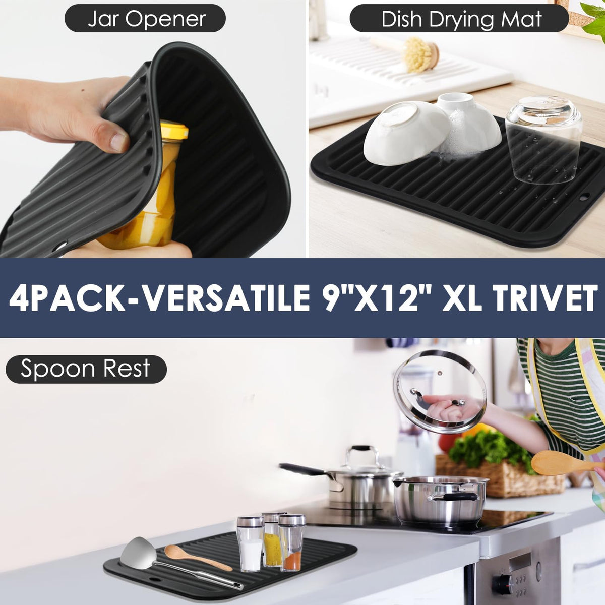 Silicone Trivets for Hot Pots and Pans, 4 Pack Heat Resistant Pot Holders for kitchen, Large Silicone Trivet Mat for Hot Dishes, Black Hot Pads for Kitchen Counter, Hot Mats Spoon Rest, 9 * 12 Inches