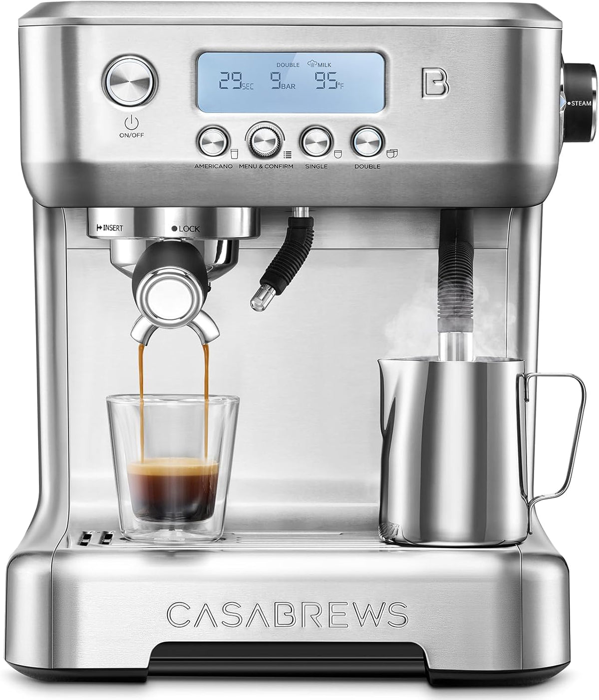 CASABREWS Neutron Pro Espresso Machine with Dual Boiler, 20 Bar Espresso Maker with Automatic Milk Frother and LCD Display, Cappuccino Latte Maker with Separate Hot Water System for Americano, Silver
