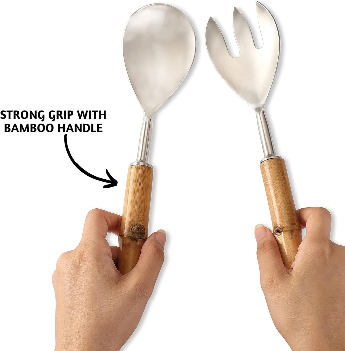 Folkulture Serving Utensils for Modern Cooking, Stainless Steel Salad Servers or Tongs, 12 Inch Tosser, Spoon and Fork Set With Bamboo Handle, Silver